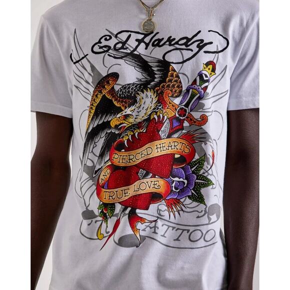 Ed Hardy Men's T-Shirt Rhinestone Pierced Eagle Short Sleeve White Tee - Picture 6 of 6